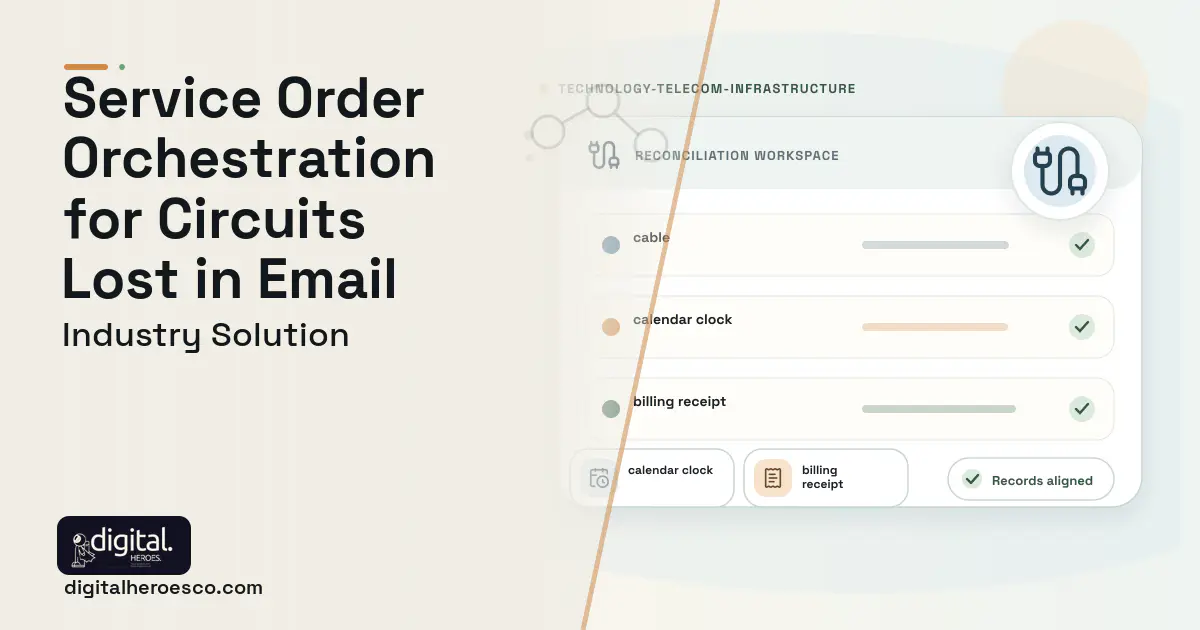 Telecom Service Fulfillment software visual showing cable, calendar clock, and billing receipt.