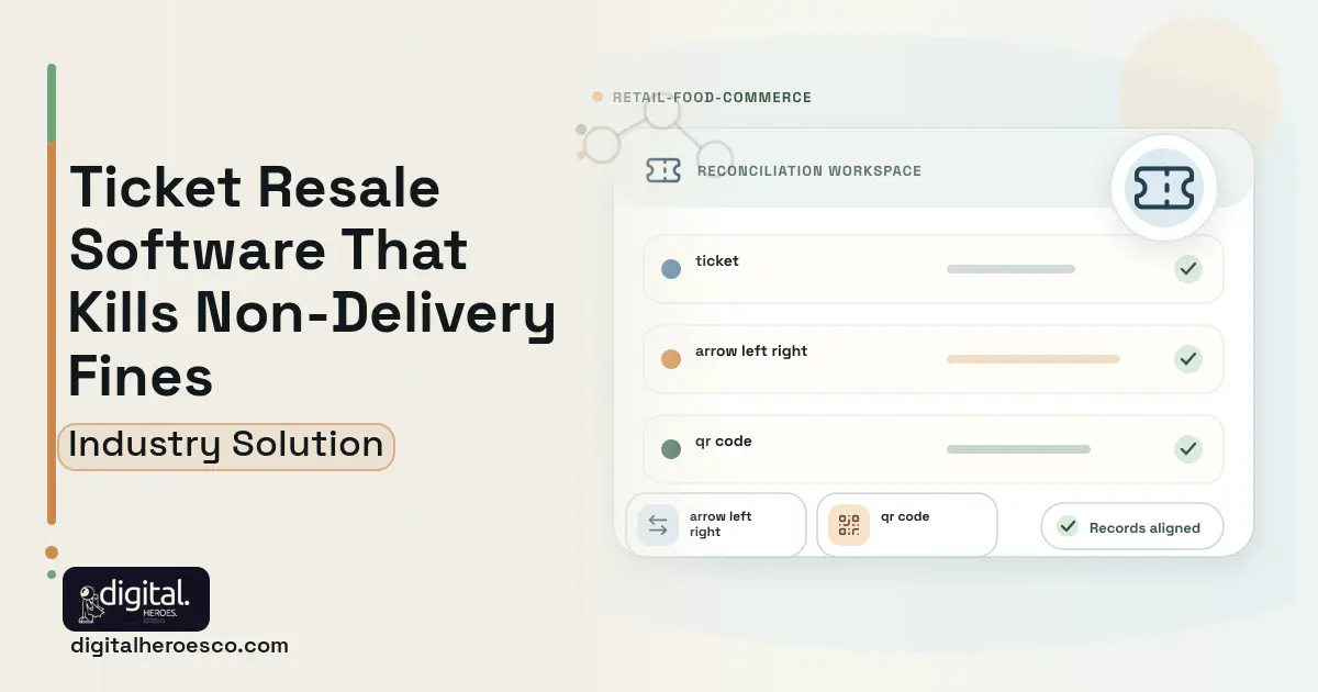 Ticket Resale Marketplace software visual showing ticket, arrow left right, and qr code.