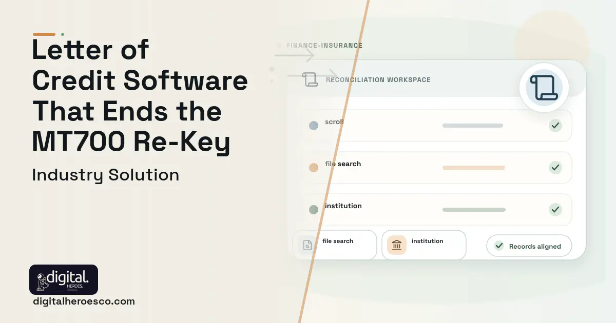 Trade Finance software visual showing scroll, file search, and institution.