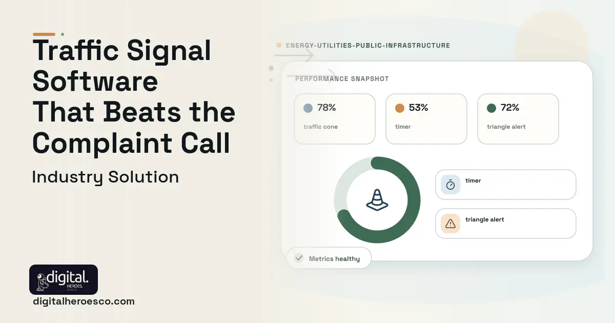 Traffic Signal Management software visual showing traffic cone, timer, and triangle alert.