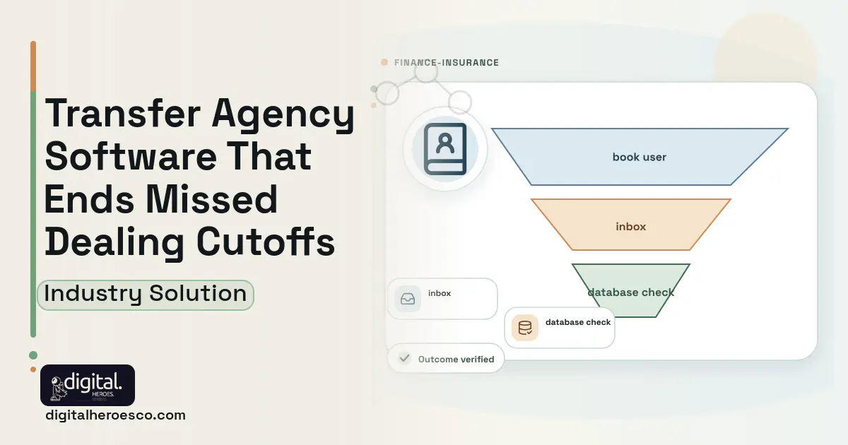 Transfer Agency software visual showing book user, inbox, and database check.