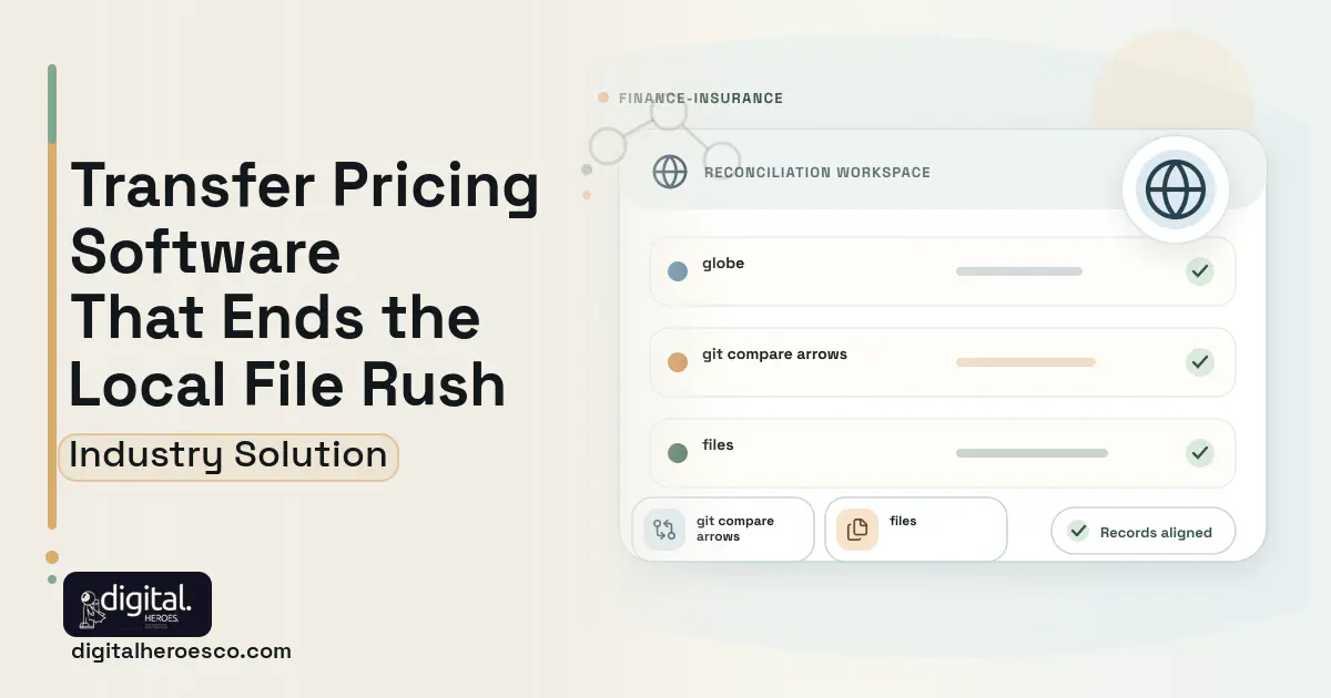Transfer Pricing Documentation software visual showing globe, git compare arrows, and files.