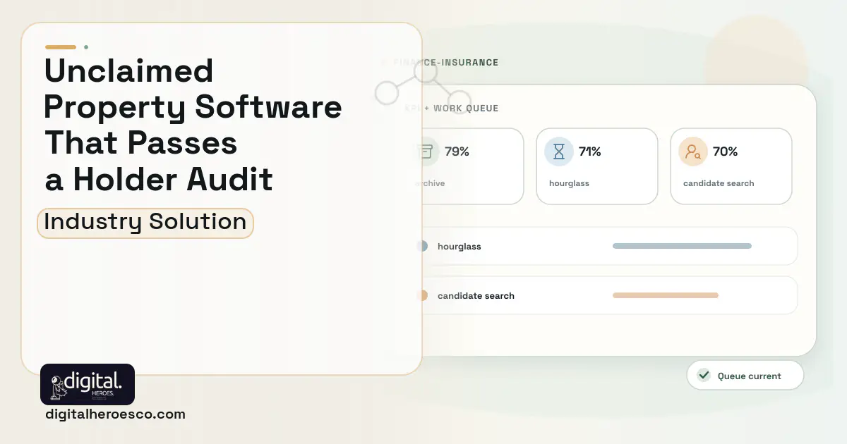 Unclaimed Property Administration software visual showing archive, hourglass, and candidate search.