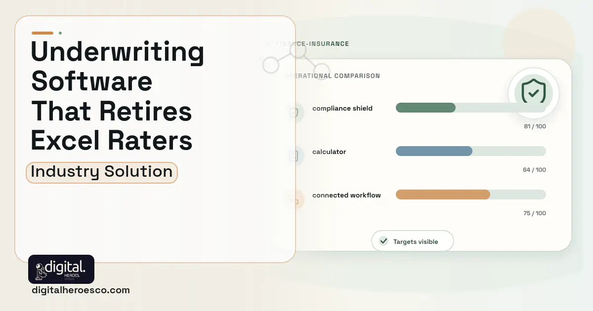Underwriting software visual showing compliance shield, calculator, and connected workflow.