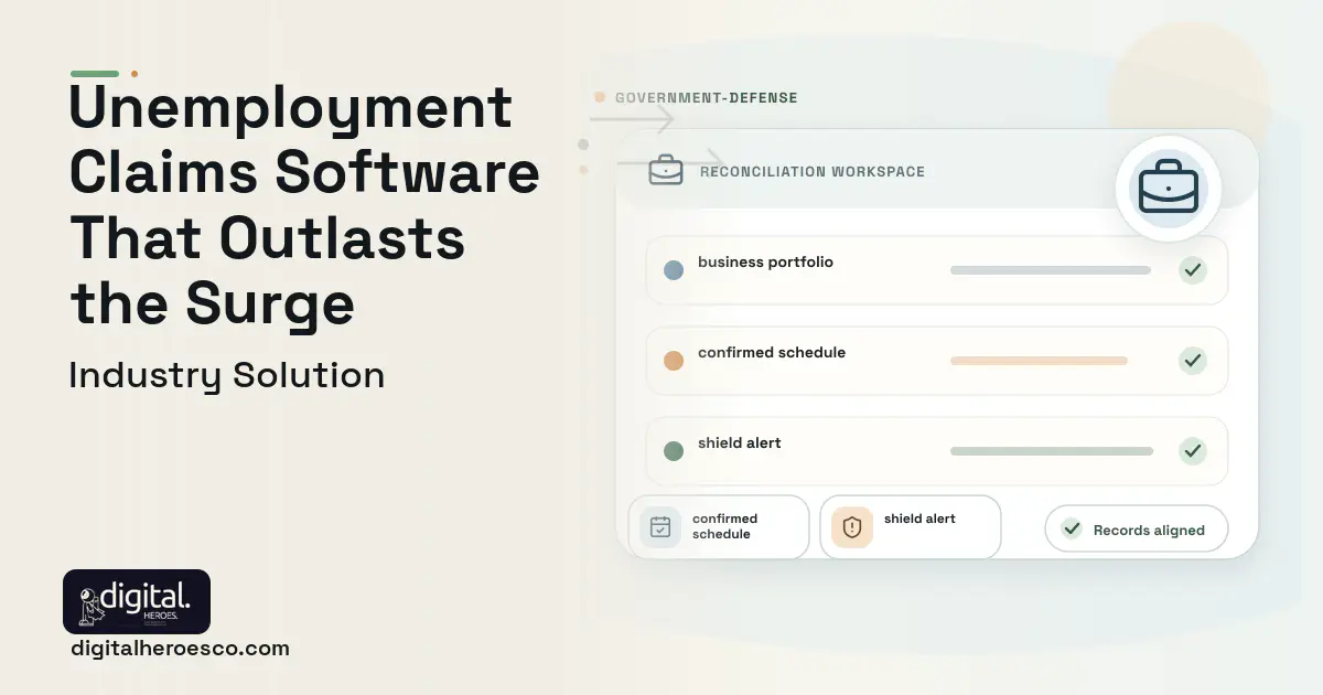 Unemployment Insurance Claims software visual showing business portfolio, confirmed schedule, and shield alert.