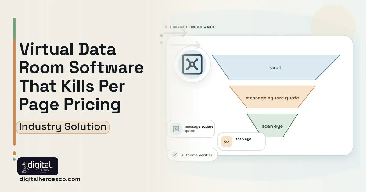 Virtual Data Room software visual showing vault, message square quote, and scan eye.