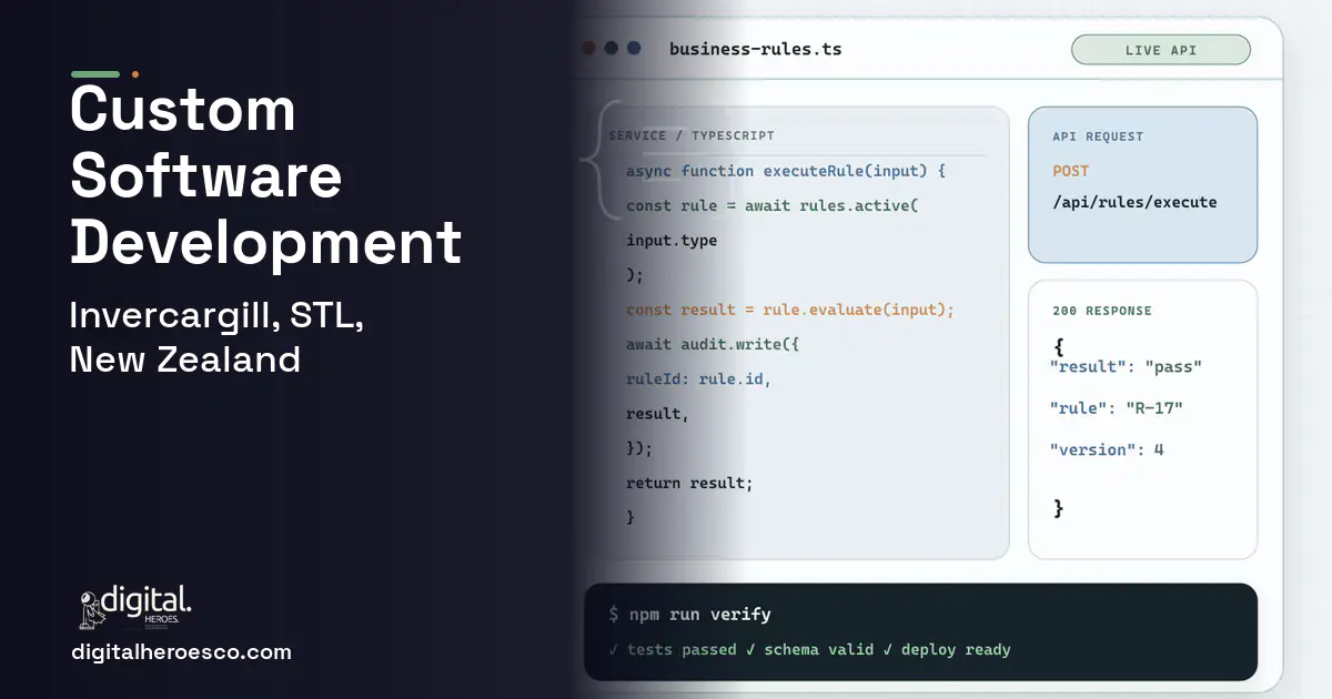 Custom Software Development code editor and API illustration for Invercargill, STL, New Zealand.