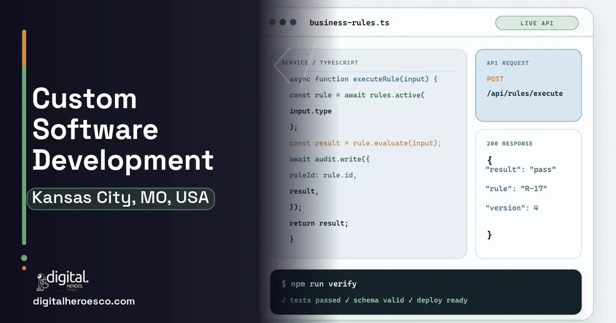 Custom Software Development code editor and API illustration for Kansas City, MO, USA.