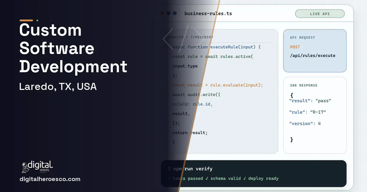 Custom Software Development code editor and API illustration for Laredo, TX, USA.