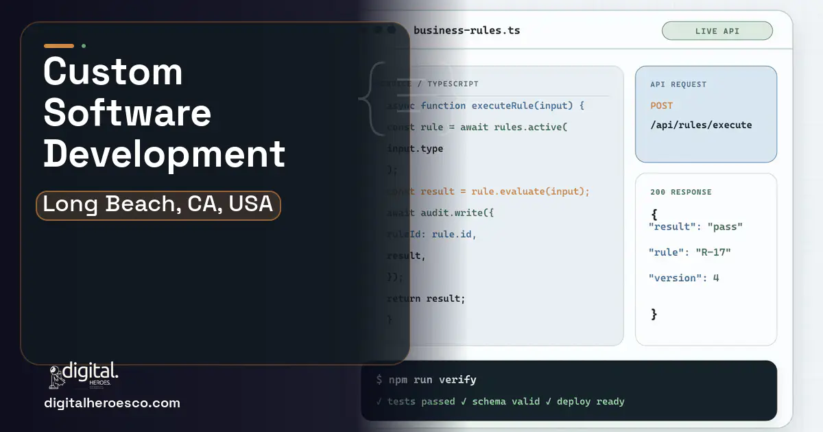 Custom Software Development code editor and API illustration for Long Beach, CA, USA.