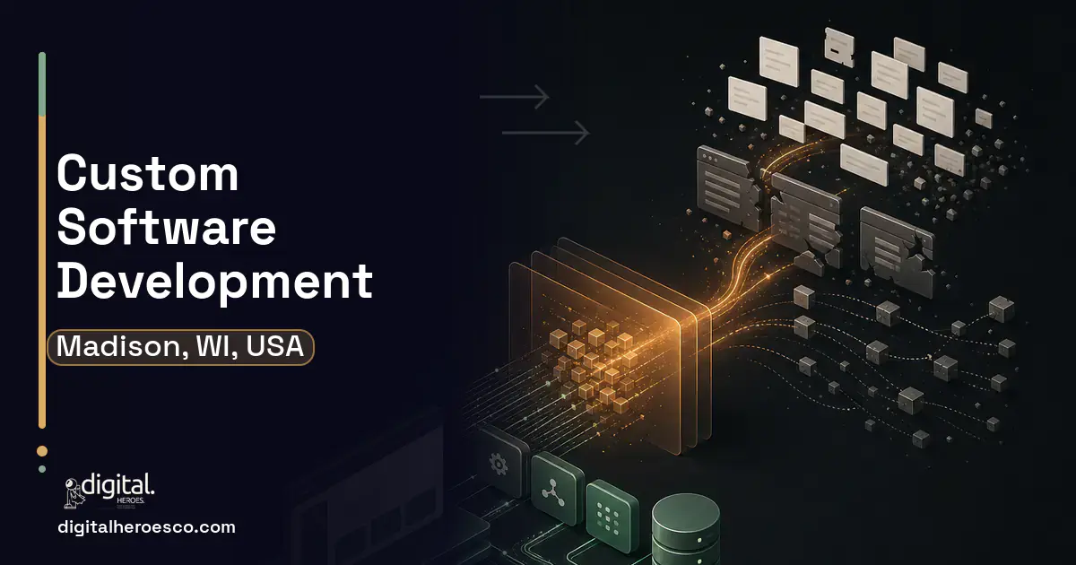 Custom Software Development workflow illustration for Madison, WI, USA.