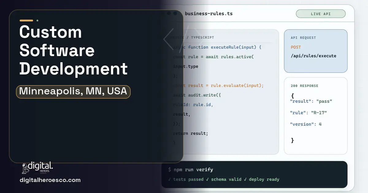 Custom Software Development code editor and API illustration for Minneapolis, MN, USA.