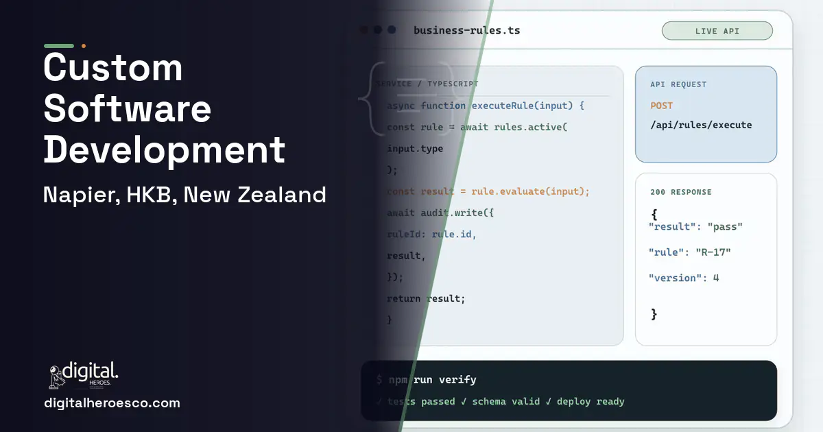 Custom Software Development code editor and API illustration for Napier, HKB, New Zealand.