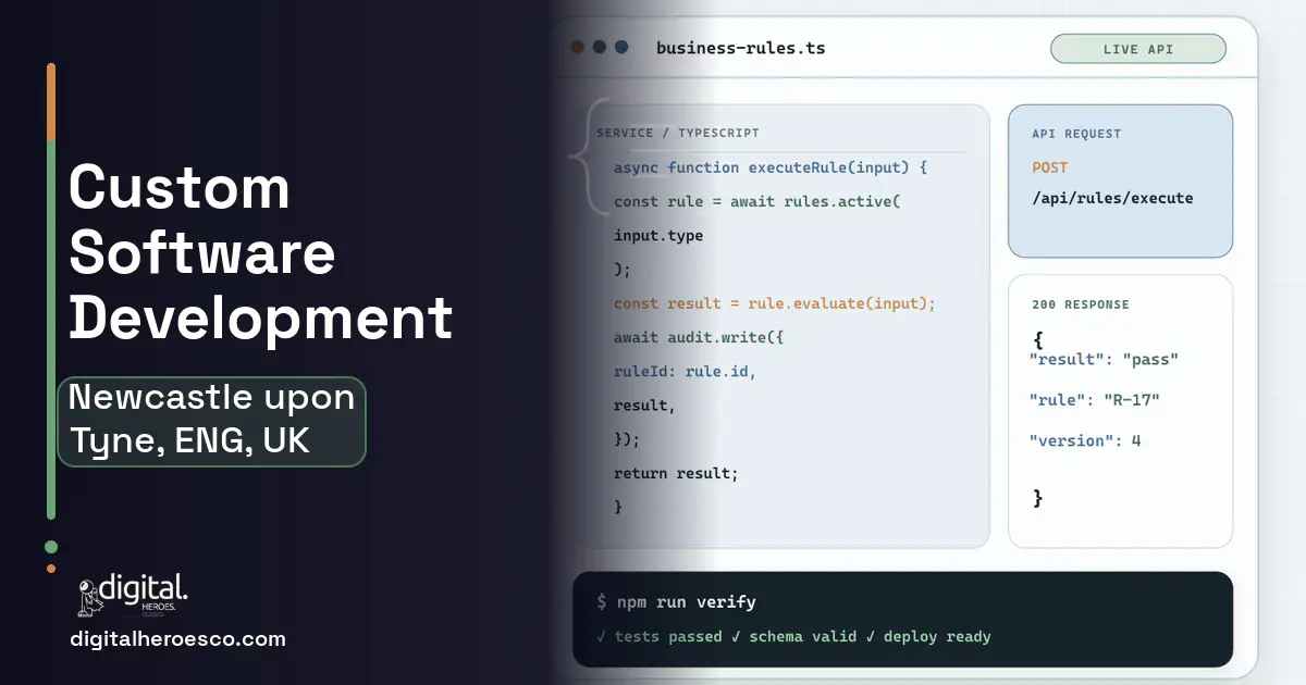 Custom Software Development code editor and API illustration for Newcastle upon Tyne, ENG, UK.
