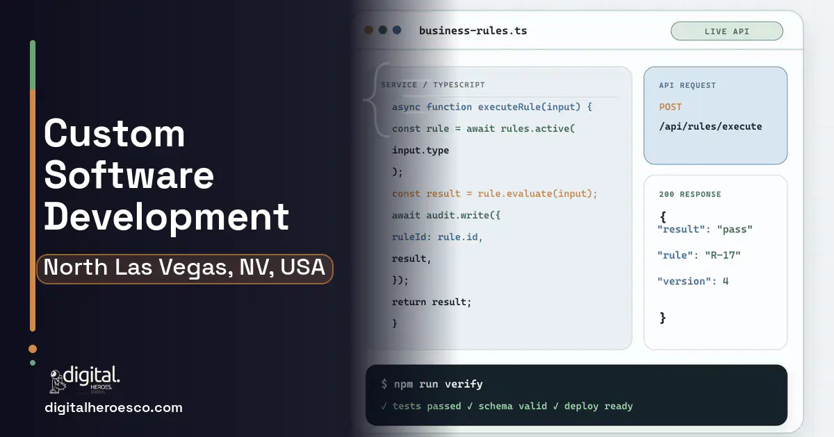 Custom Software Development code editor and API illustration for North Las Vegas, NV, USA.