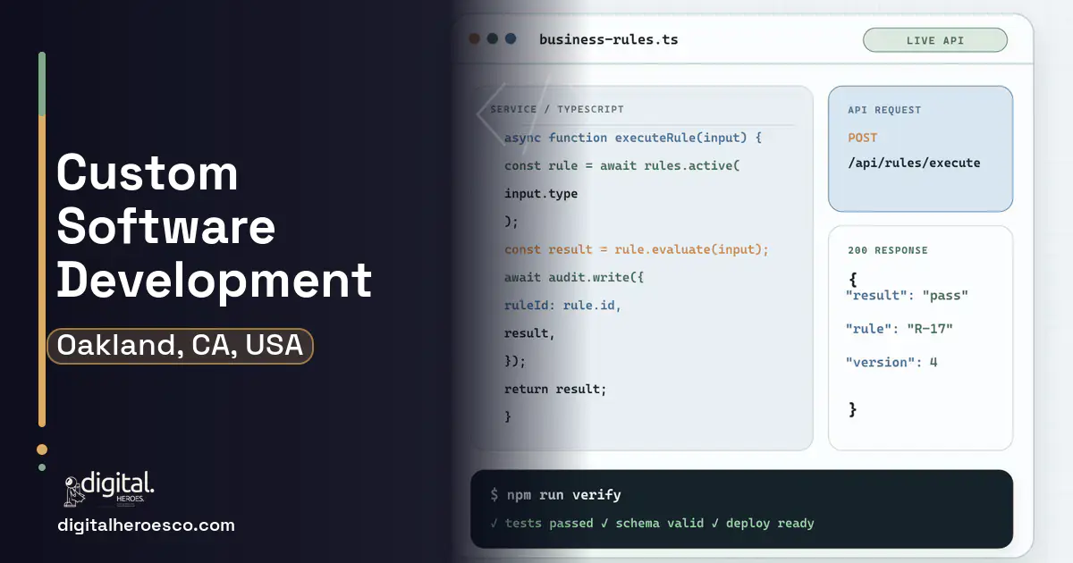 Custom Software Development code editor and API illustration for Oakland, CA, USA.