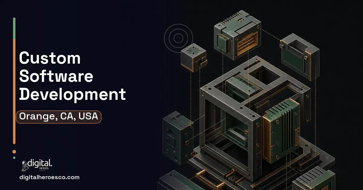 Custom Software Development software overview illustration for Orange, CA, USA.