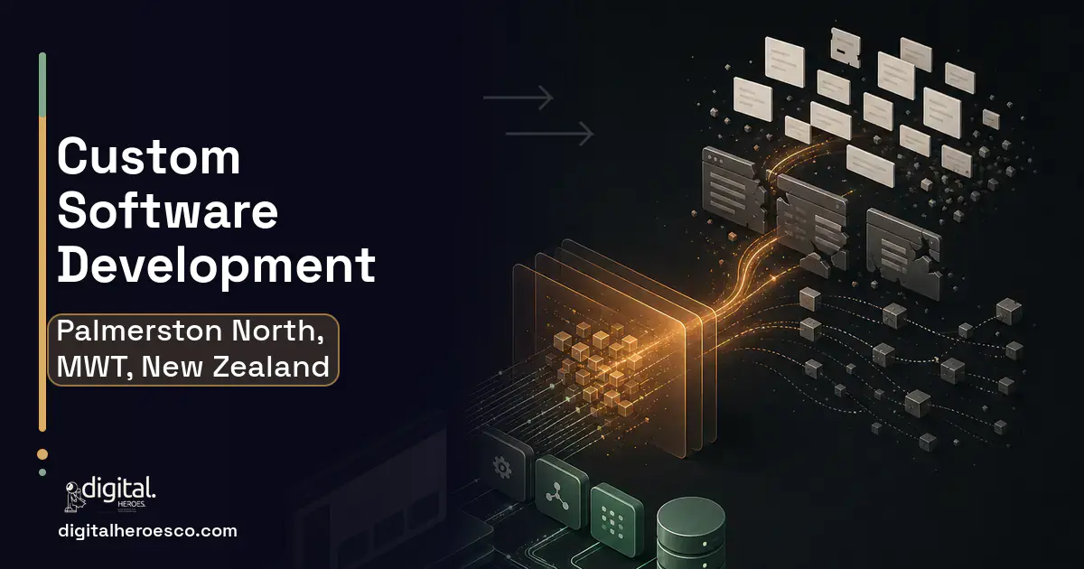 Custom Software Development workflow illustration for Palmerston North, MWT, New Zealand.