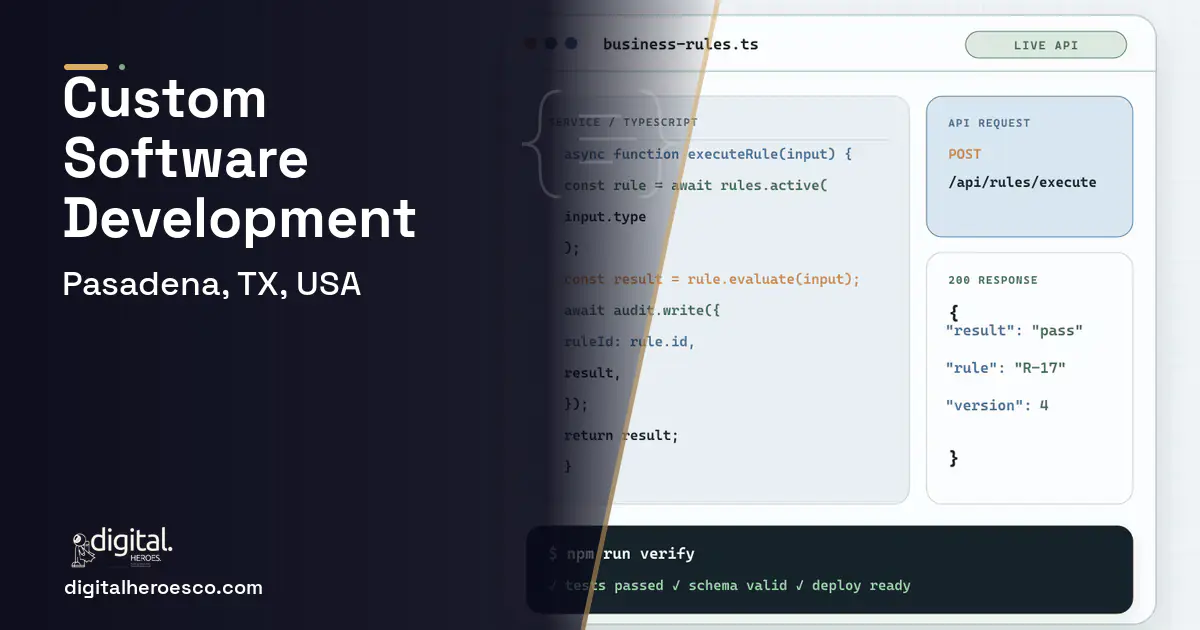 Custom Software Development code editor and API illustration for Pasadena, TX, USA.