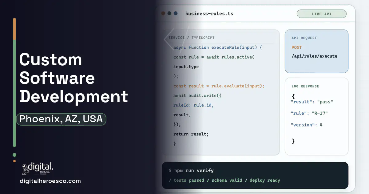 Custom Software Development code editor and API illustration for Phoenix, AZ, USA.