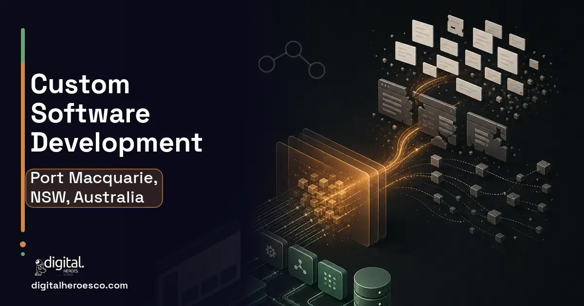 Custom Software Development workflow illustration for Port Macquarie, NSW, Australia.