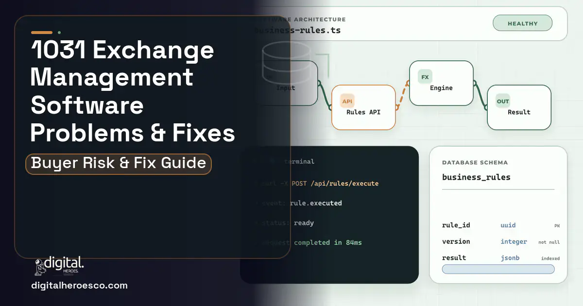 1031 Exchange Management Software architecture and database illustration showing common problems and fixes.