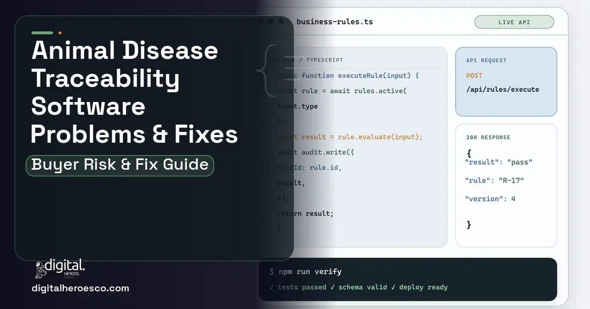 Animal Disease Traceability Software code editor and API illustration showing common problems and fixes.