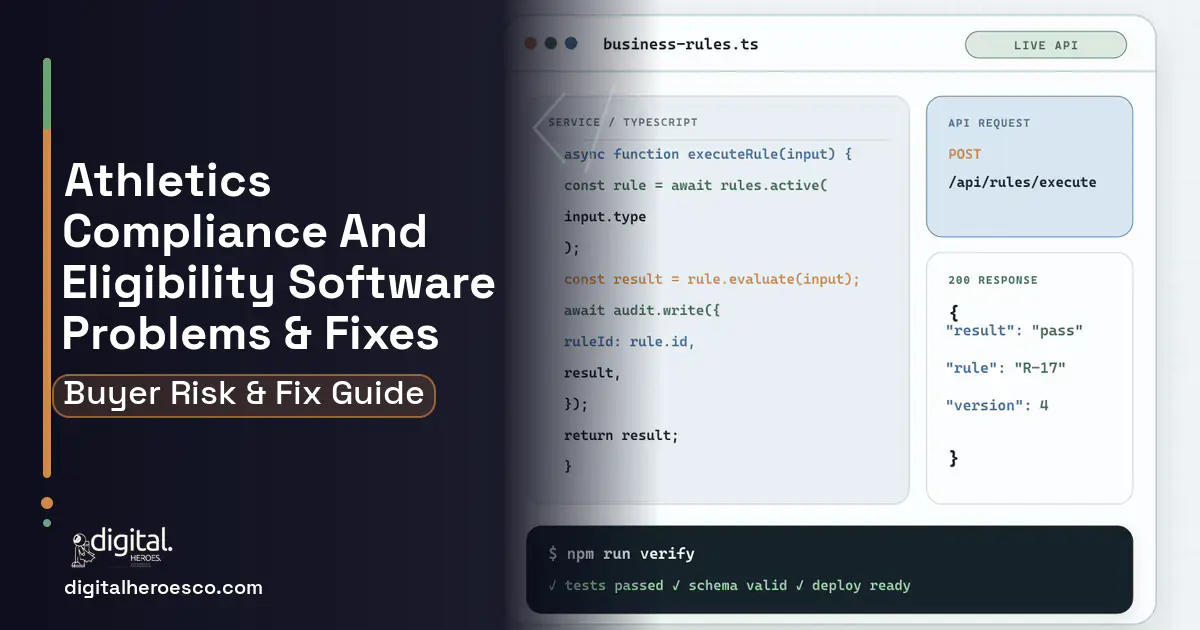 Athletics Compliance AND Eligibility Software code editor and API illustration showing common problems and fixes.