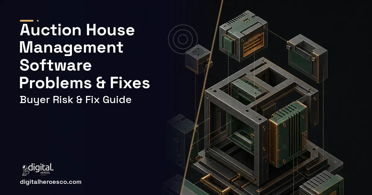 Auction House Management Software software overview illustration showing common problems and fixes.