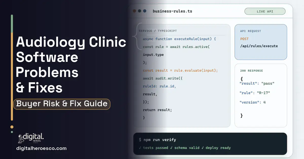 Audiology Clinic Software code editor and API illustration showing common problems and fixes.