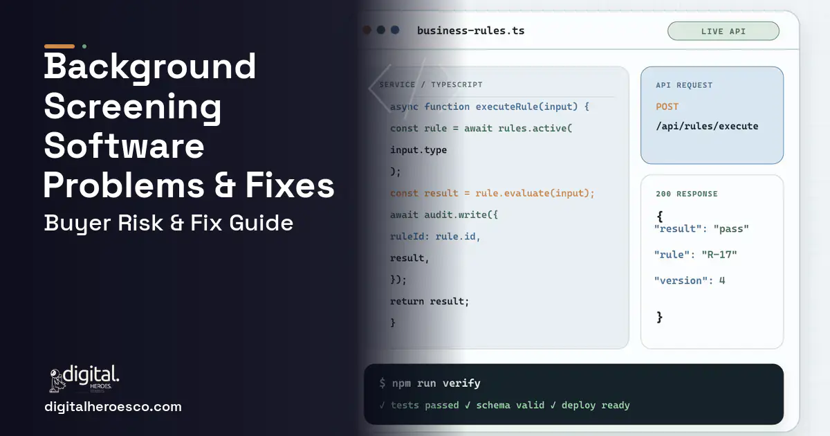 Background Screening Software code editor and API illustration showing common problems and fixes.