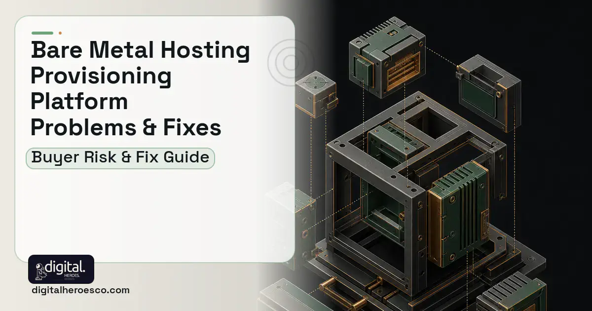 Bare Metal Hosting Provisioning Platform software overview illustration showing common problems and fixes.