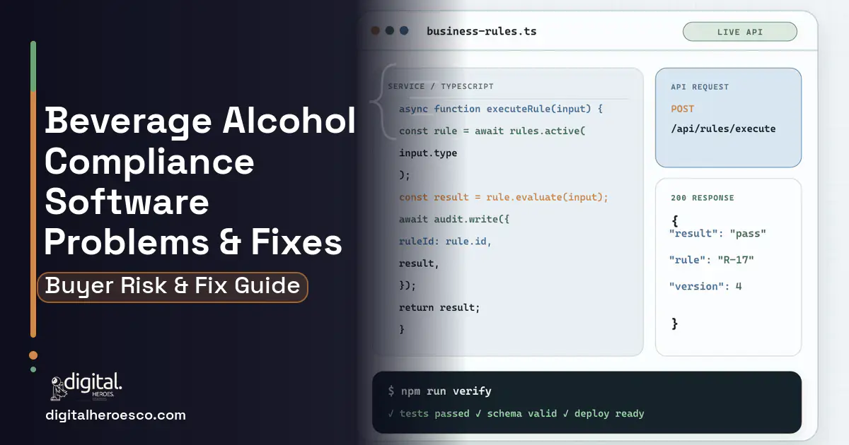 Beverage Alcohol Compliance Software code editor and API illustration showing common problems and fixes.
