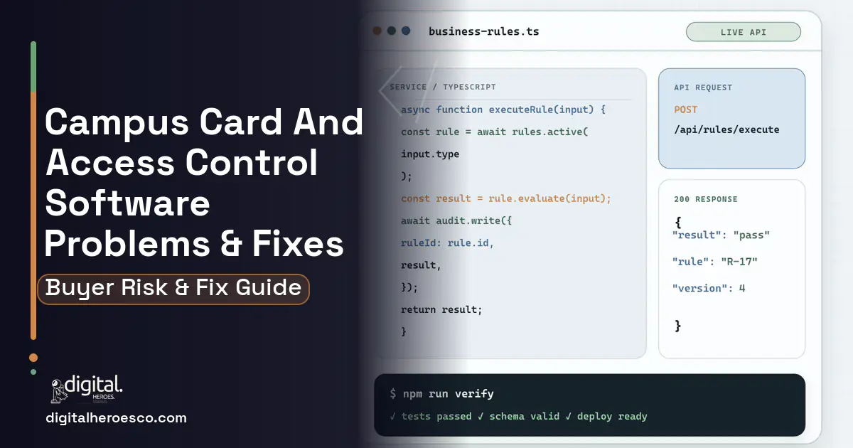 Campus Card AND Access Control Software code editor and API illustration showing common problems and fixes.