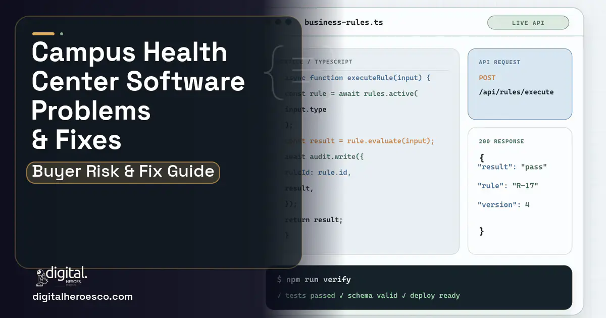 Campus Health Center Software code editor and API illustration showing common problems and fixes.