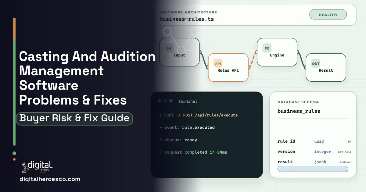 Casting AND Audition Management Software architecture and database illustration showing common problems and fixes.