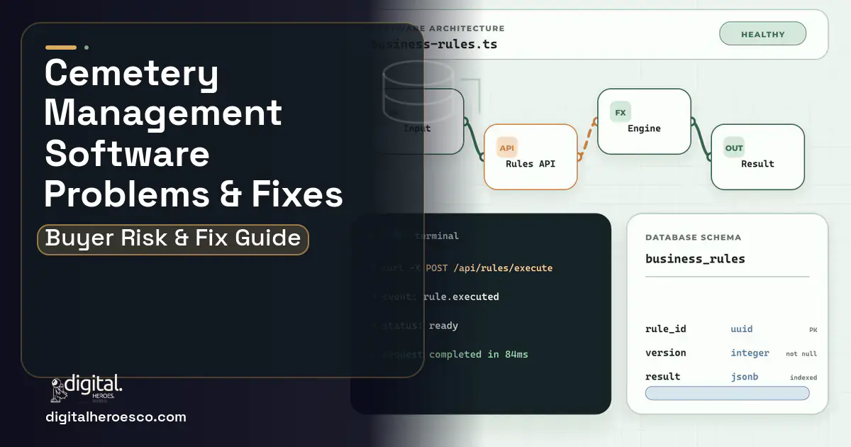 Cemetery Management Software architecture and database illustration showing common problems and fixes.