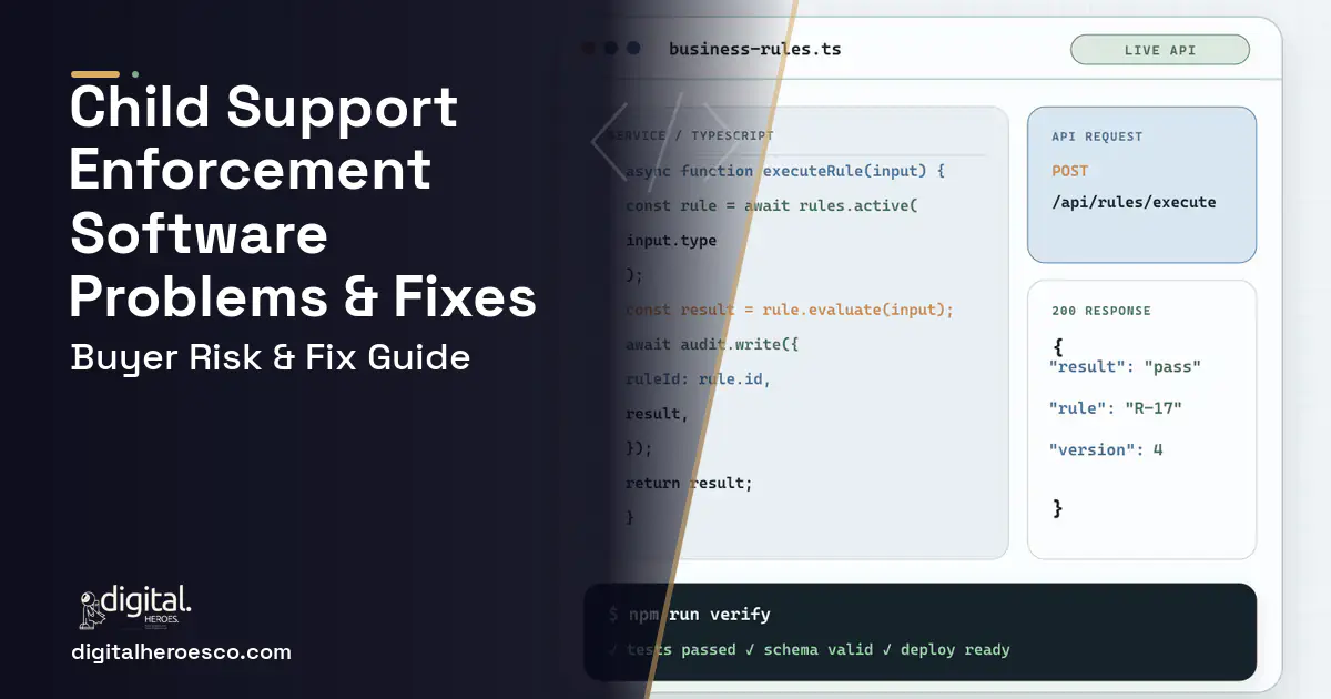 Child Support Enforcement Software code editor and API illustration showing common problems and fixes.