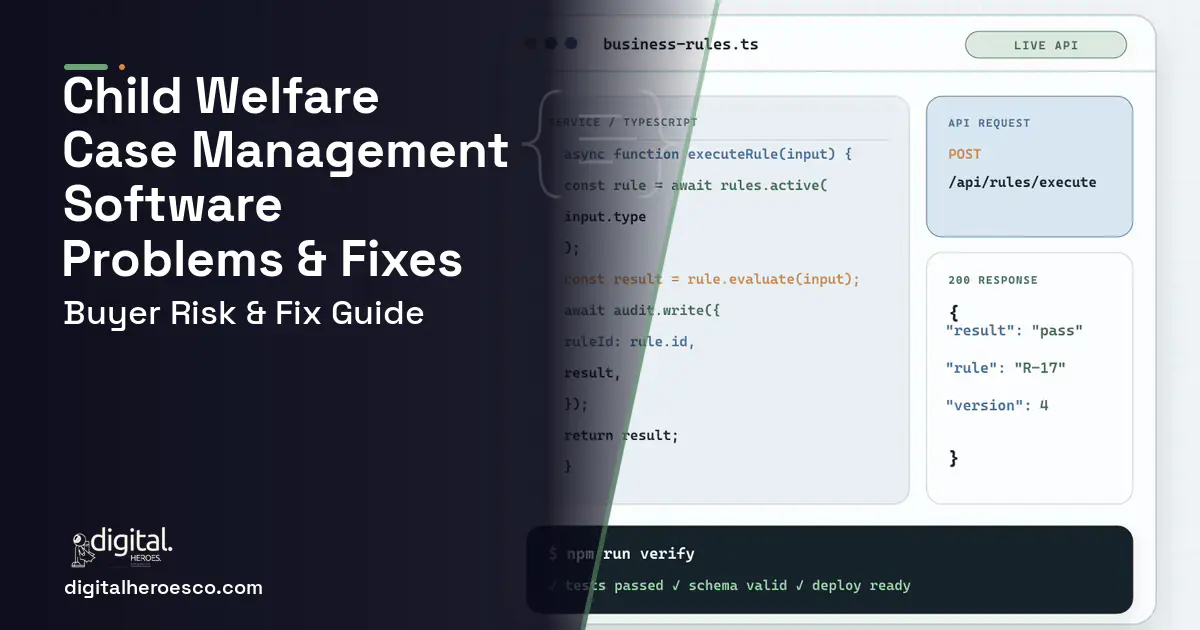 Child Welfare Case Management Software code editor and API illustration showing common problems and fixes.