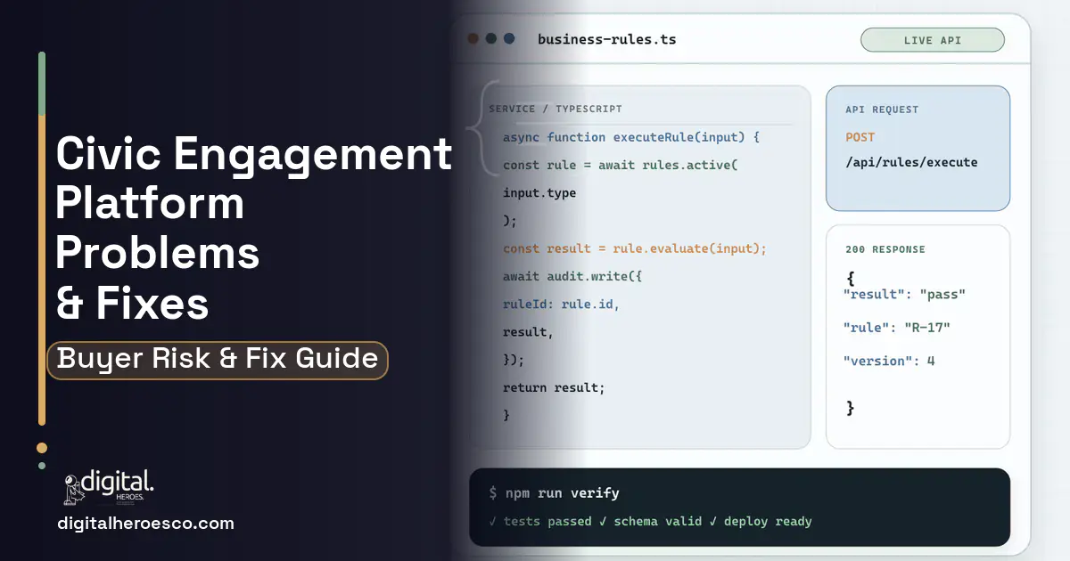 Civic Engagement Platform code editor and API illustration showing common problems and fixes.