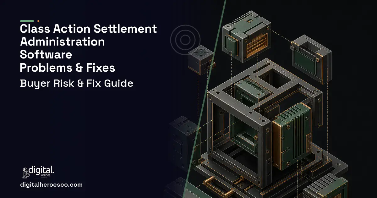 Class Action Settlement Administration Software software overview illustration showing common problems and fixes.