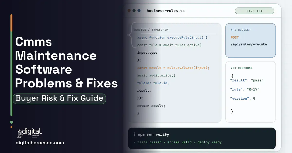 Cmms Maintenance Software code editor and API illustration showing common problems and fixes.