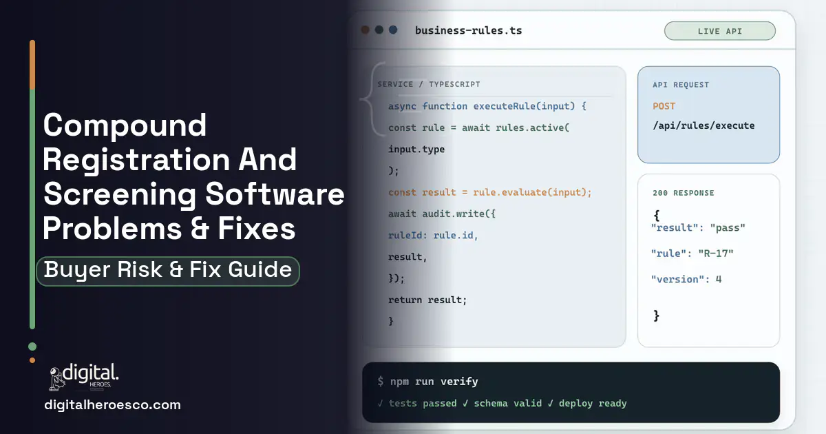 Compound Registration AND Screening Software code editor and API illustration showing common problems and fixes.