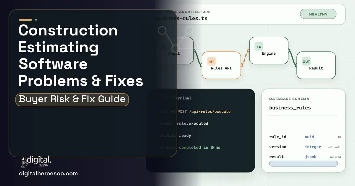 Construction Estimating Software architecture and database illustration showing common problems and fixes.