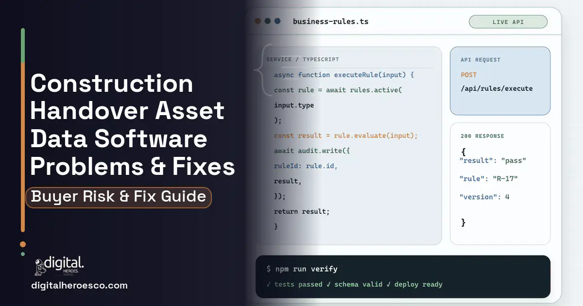 Construction Handover Asset Data Software code editor and API illustration showing common problems and fixes.