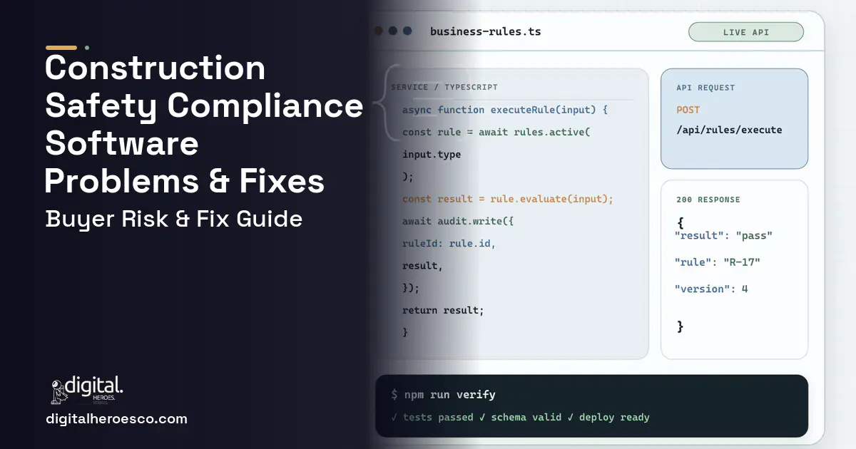Construction Safety Compliance Software code editor and API illustration showing common problems and fixes.