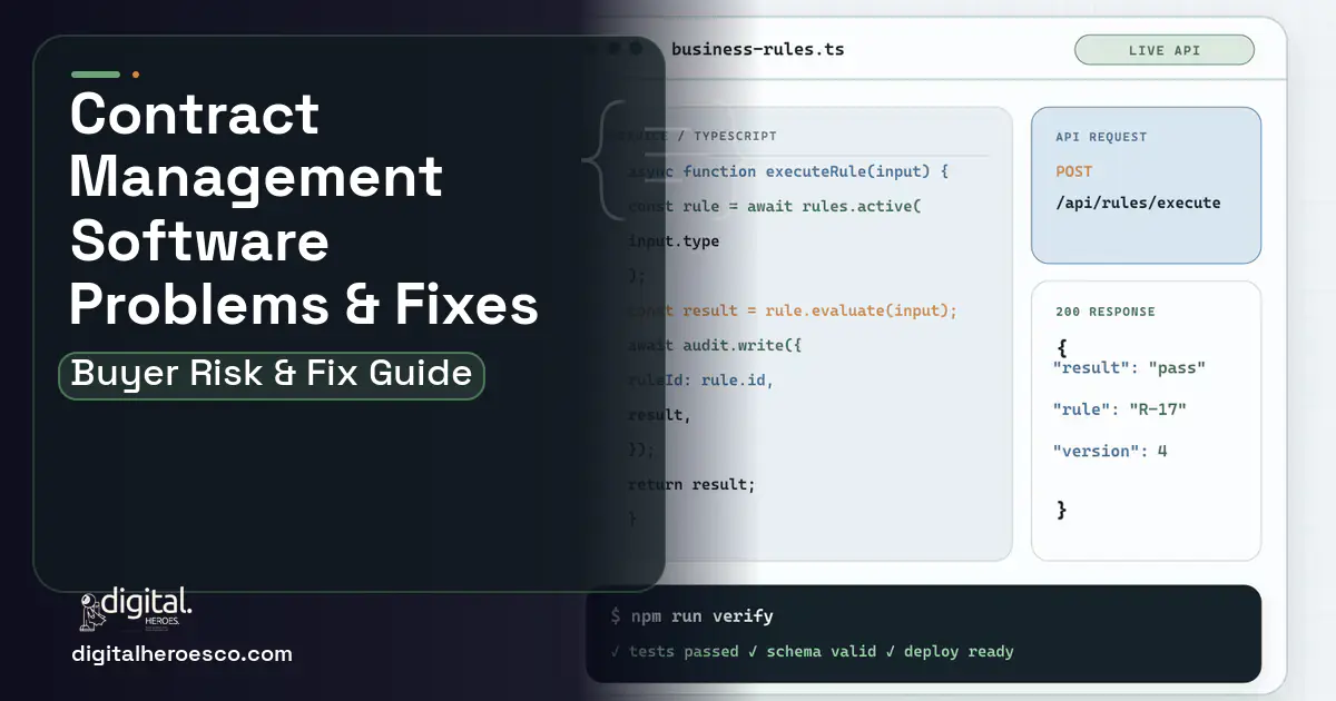 Contract Management Software code editor and API illustration showing common problems and fixes.