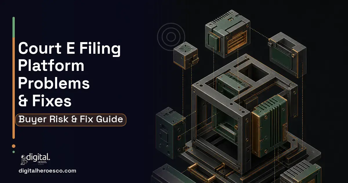 Court E Filing Platform software overview illustration showing common problems and fixes.