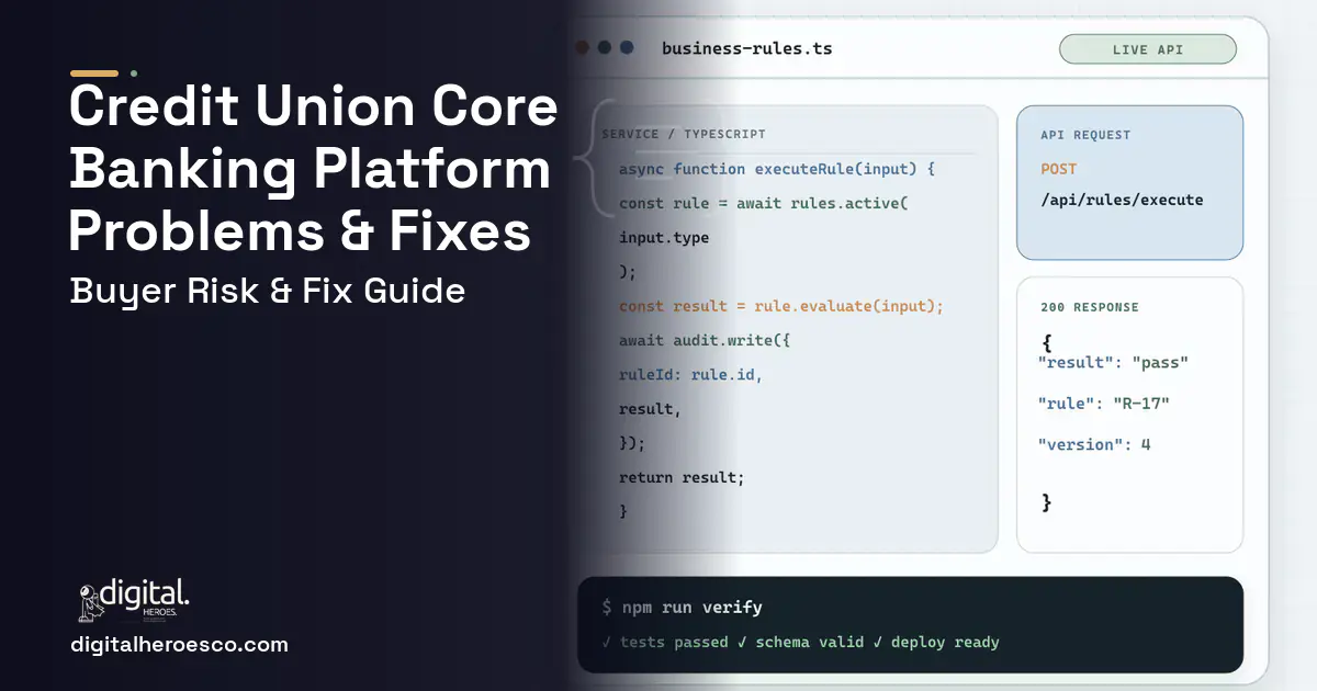Credit Union Core Banking Platform code editor and API illustration showing common problems and fixes.