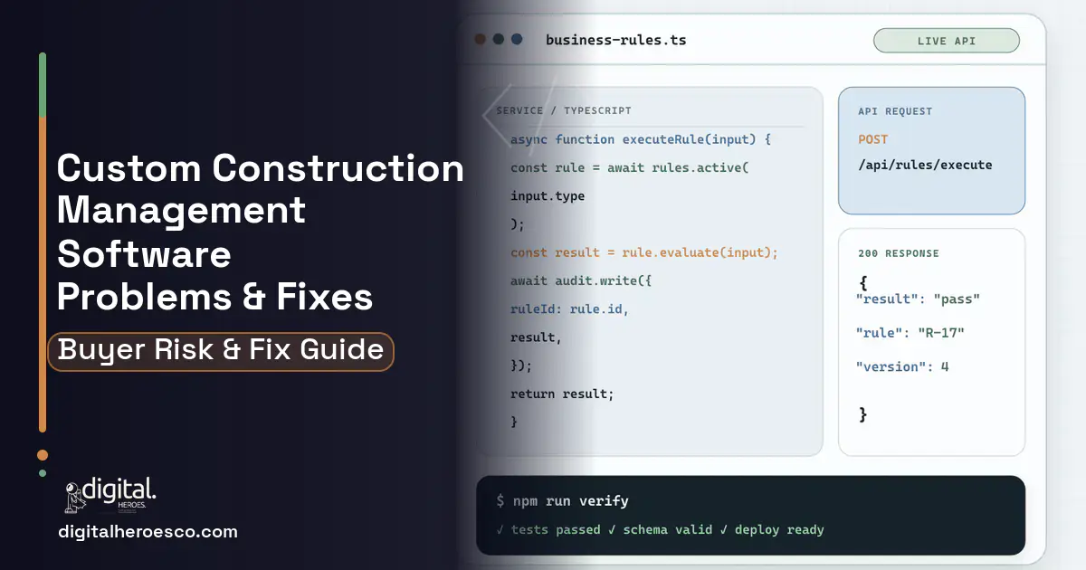 Custom Construction Management Software code editor and API illustration showing common problems and fixes.